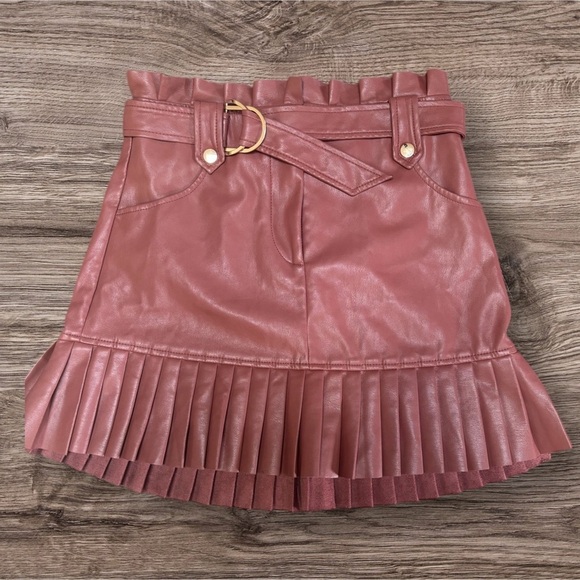 ZARA PLEATED FAUX LEATHER RUFFLE HIGH WAISTED COWBOY BROWN WESTERN SKIRT SZ S - Picture 1 of 11